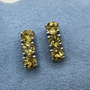 Sterling Silver 925 Yellow Gemstone Stud Earrings. 3 Gemstones Prong Set